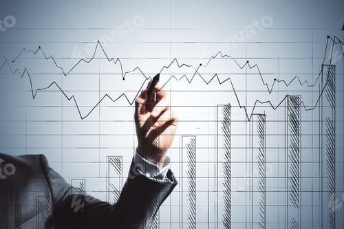 Preview: Businessman Hand Drawing Glowing Stock Chart On Virtual Screen. Trade And Analysis Concept. Close Up