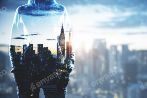 Preview: Hacker On Blurry City Wallpaper. Criminal And Thief Concept. Double Exposure