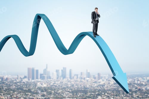 Preview: Thoughtful European Businessman Balancing On Abstract Falling Blue Arrow On Sky And City