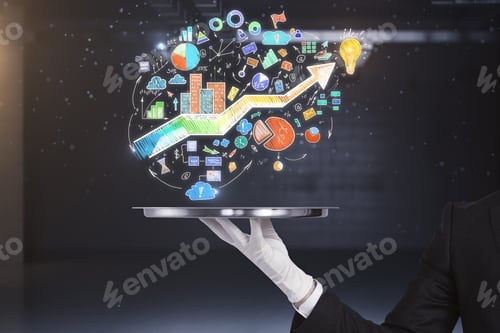 Preview: Businessman Hand Holding Tray With Business Sketch On Dark Interior Background. Plan And Brainstorm