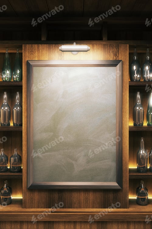 Preview: Closeup Of A Blank Blackboard In Pub Interior. Mock Up, 3D Render