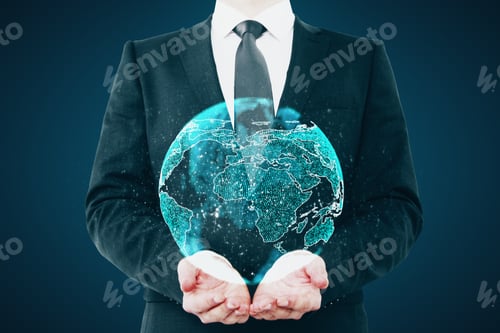 Preview: Businessman Holding Creative Glowing Globe On Blue Background. Communication And Conservation