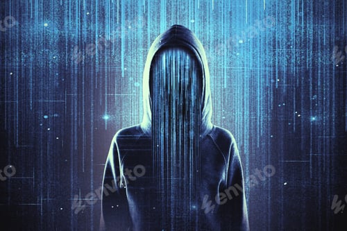 Preview: Hacker On Abstract Concrete Blue Interface Background With Glowing Lines. Hacking And Theft