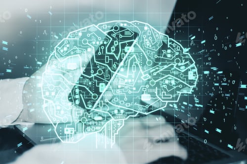 Preview: Side View Of Hands Using Laptop With Glowing Circuit Brain. Artificial Intelligence And