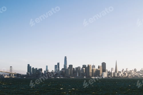 Preview: Modern Waterfront San Francisco City Skyline Background In Daylight. Urban Architecture Concept