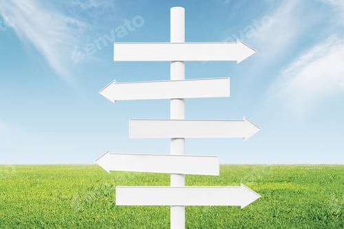 Preview: Blank White Arrows-Pointers At Green Grass And Blue Sky Background, Mock Up