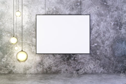 Preview: Blank Picture Frame With Lightbulbs On Concrete Wall With Concrete Floor, Mock Up 3D Render