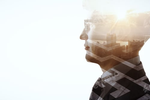 Preview: Businessman Standing On Blurry City Background. Challenge And Risk Concept. Close Up. Double