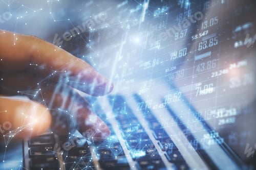 Preview: Hand Of Businessman Typing On Keyboard Laptop With Stock Charts. Finance And Trade Concept. Close Up