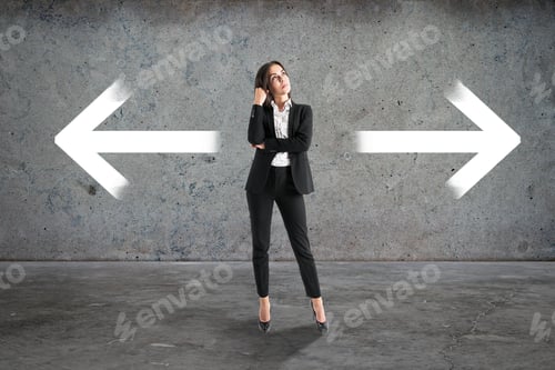 Preview: Attractive Young European Businesswoman With Two Arrows In Concrete Interior. Different Direction
