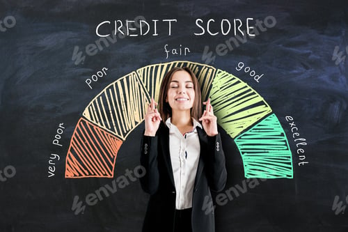 Preview: Bank Loan Concept With Businesswoman Crossing Her Fingers On Blackboard Background With Credit