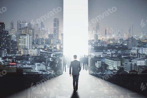Preview: Back View Of Young Businessman Walking Towards Bright Gap In Abstract Room Interior With