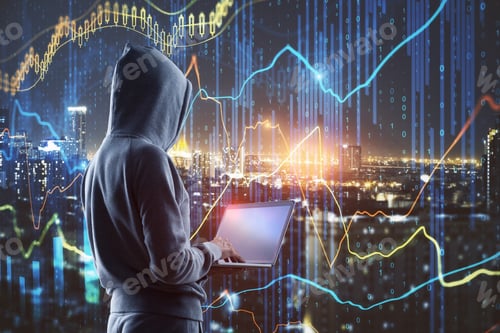 Preview: Criminal And Analysis Concept. Side View Of Hacker Using Laptop On Blurry Night City Background