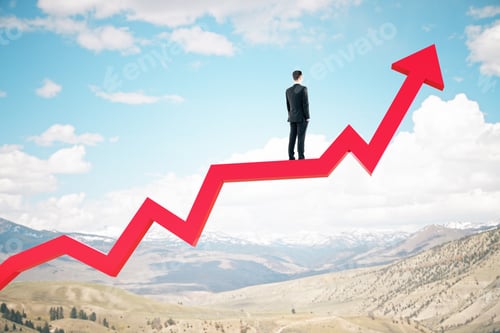 Preview: Businessman Standing On Red Arrow And Looking To Mountain Landscape. Success And Startup Concept.