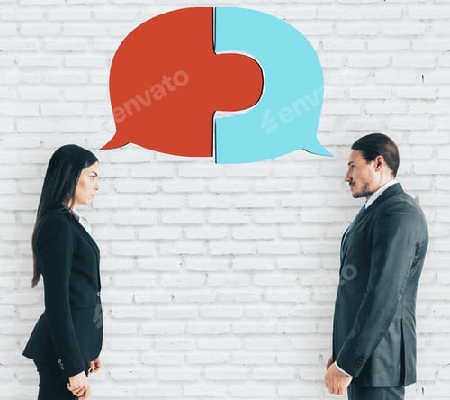 Preview: Attractive European Businesswoman And Man With Communication Puzzle. White Brick Wall Background