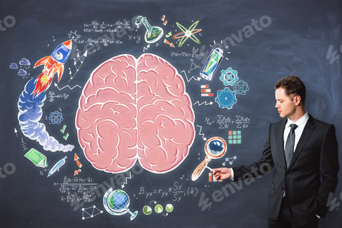 Preview: Handsome Caucasian Businessman Drawing Business Brain Sketch On Chalkboard Background. Brainstorm