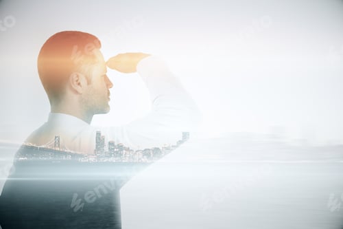 Preview: Young Man Looking Into The Distance On City Background With Copyspace. Research Concept. Double