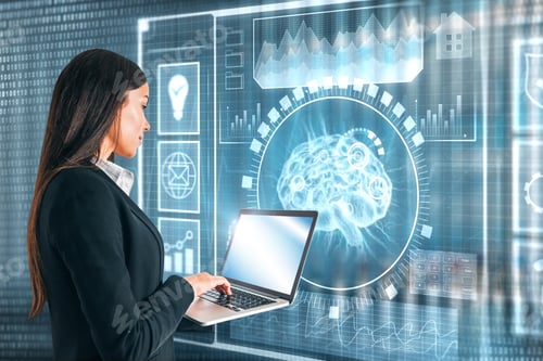 Preview: Side View Of Young Businesswoman Using Laptop With Digital Business Interface. Future And Ai