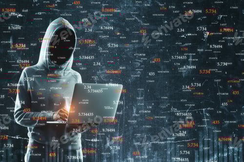 Preview: Criminal And Trade Concept. Side View Of Hacker Using Laptop With Glowing Forex Chart On Blurry