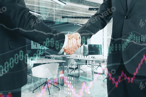 Preview: Businessmen Shaking Hands In Modern Office Interior With Forex Chart. Trade And Information
