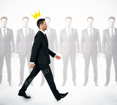 Preview: Side View Of Young Businessman With Drawn Crown On White Background With Silhouettes. Success