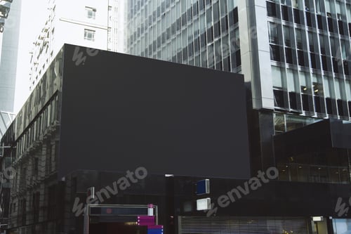 Visualização: Cartaz preto vazio no prédio da cidade. Anúncio Público e Conceito Comercial. Maquete