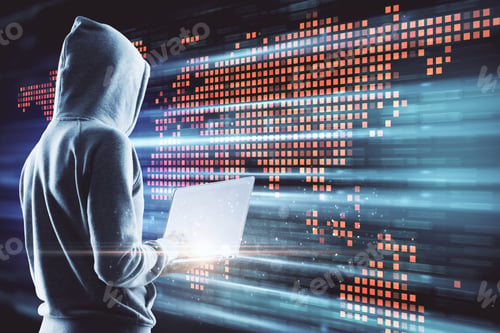 Preview: Side View Of Young Hacker Using Laptop On Digital Map Background. Big Data And International