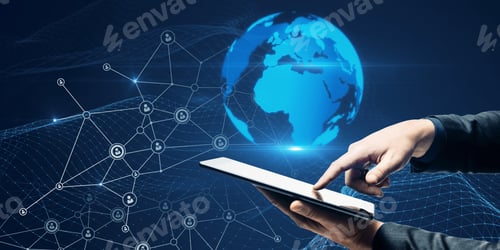 Preview: Close Up Of Businessman Hand Pointing At Tablet With Glowing Globe Hologram With Polygonal Mesh On