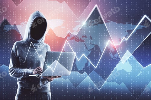 Preview: Criminal And Global Trade Concept. Side View Of Hacker Using Laptop With Glowing Forex Chart On
