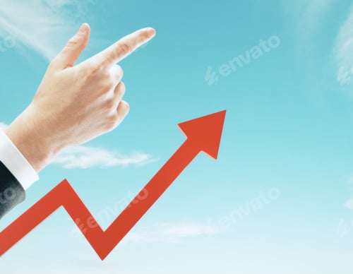 Preview: Businessman Hand And Red Arrow Pointing Up On Sky Background. Growth And Finance Concept