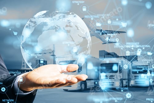 Preview: Close Up Of Hand Holding Abstract Digital Logistics, Delivery And Transportation Hologram With