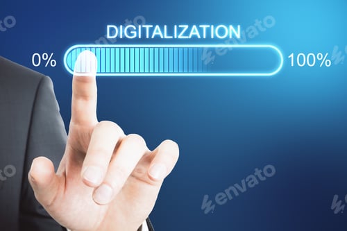 Preview: Digital Transformation Concept With Businessman Hand On Virtual Interface With Digitalization Word