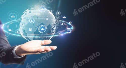 Preview: Businessman Hand Holding Glowing Social Network Infograph. Business And Communication Concept