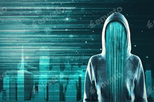 Preview: Hacker On Abstract Concrete Blue Interface With City. Hacking And Innovation Concept. Multiexposure