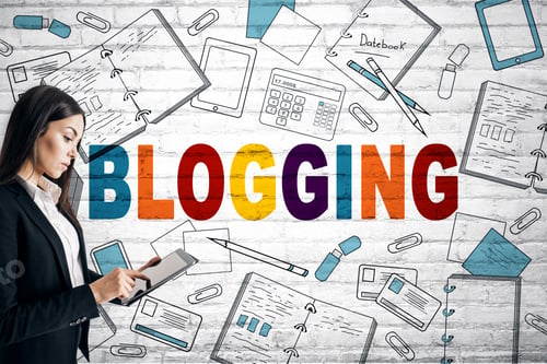 Preview: Attractive Young European Businesswoman Using Tablet With Creative Blogging Sketch On White Brick