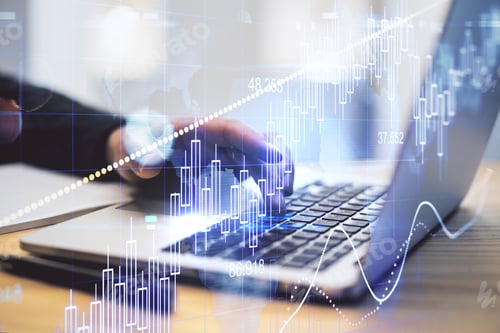 Preview: Close Up Of Hands On Desktop Using Laptop With Forex Chart. Analysis, Big Data And Finance Concept