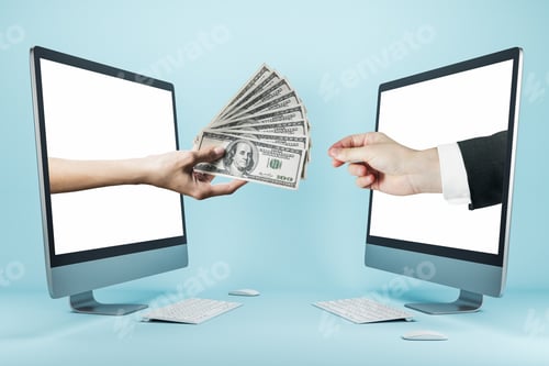 Preview: Hand Passes A Wad Of Dollars Through Computer Screens On Blue Background. Financial Success And
