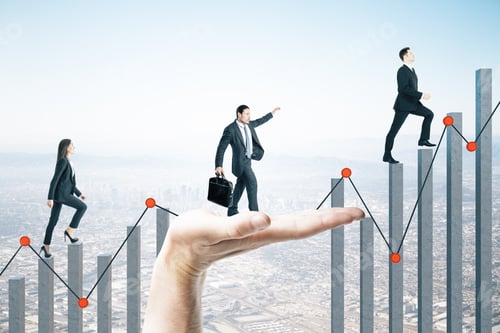 Preview: Hand Helps A Businesspeople Climb On Business Chart On City View Background. Business And Teamwork