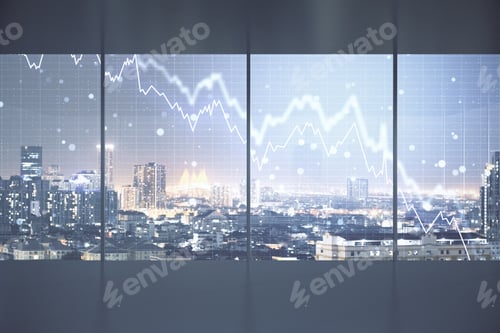 Preview: Glowing Falling Stock Statistics Hologram In Window On Blurry City Background. Trade And Investment