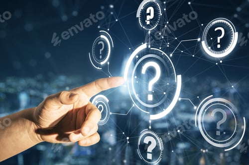 Preview: Close Up Of Male Hand Pointing At Abstract Glowing Question Marks Interface On Blurry Night City