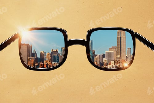 Preview: Close Up Of Glasses With City View. Success Concept. 3D Rendering