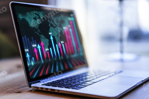 Preview: Laptop On Desktop With Glowing Business Chart And Arrows Hologram On Blurry Background. Analytics