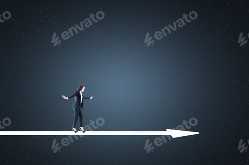 Preview: Attractive Young European Businessman Balancing On Arrow On Abstract Starry Blue Background With