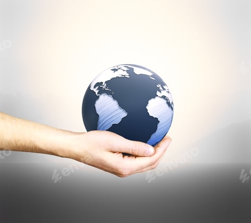 Preview: Male Hand Holding 3D Rendered Terrestrial Globe On Grey Background
