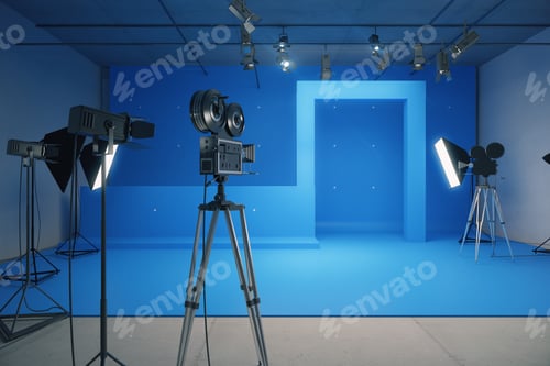 Preview: Studio Lighting Equipment with Vintage Camera and Blue Background