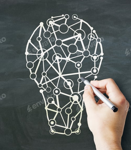 Preview: Hand Drawing Creative Lamp Sketch On Chalkboard Background. Idea And Innovation Concept