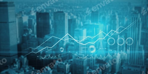 Preview: Creative Business Chart Hologram On Blurry Blue City Background. Innovation, Finance, Trade