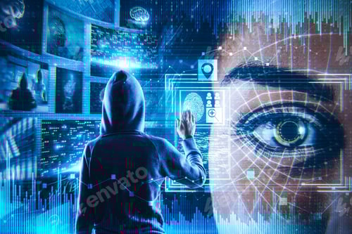 Preview: Hacker With Biometric Interface Face Id. Hacking And Futuristic Concept. Double Exposure