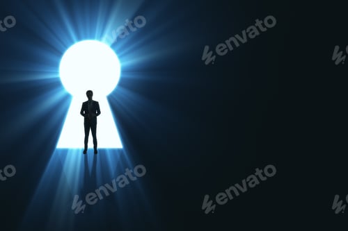 Preview: Backlit Business Man Standing In Bright Keyhole Opening On Dark Background With Mock Up Place And