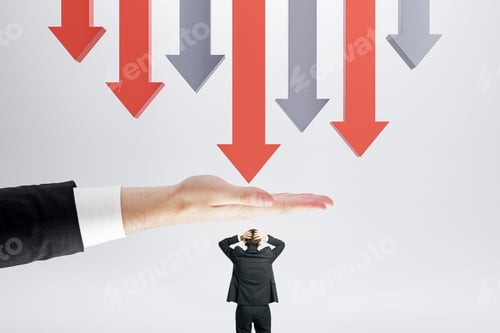 Preview: Abstract Image Of Hand Protecting Businessman From Falling Arrows On Light Background. Protection
